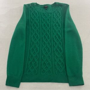TALBOTS Sweater LP Lambswool Blend Cable Ribbed Jumper Button Shoulder Green